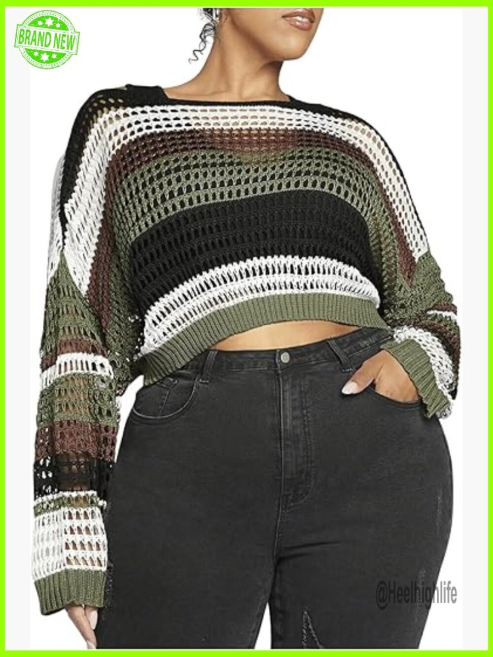 Plus Size Striped Crochet Crop Sweater Long Sleeve Pullover Loose Fit